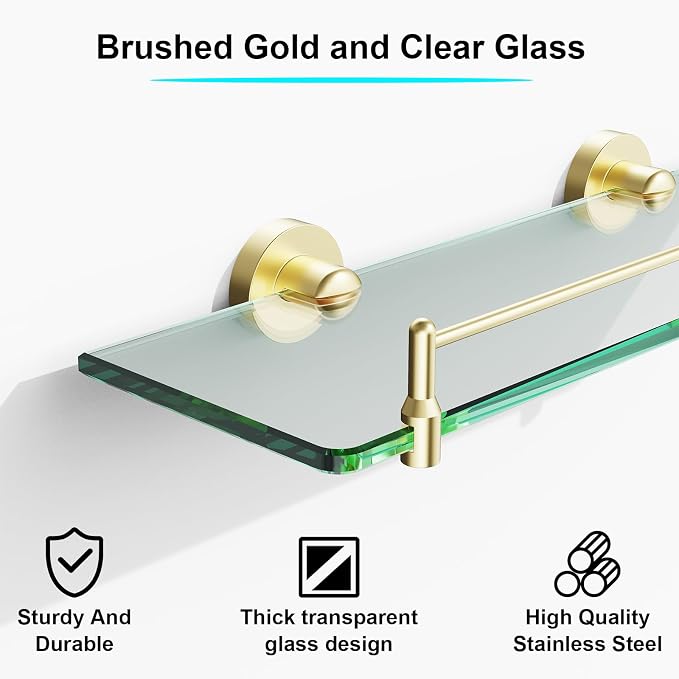 Glass Bathroom Shelves, Brushed Gold Floating Shelves - Image 8