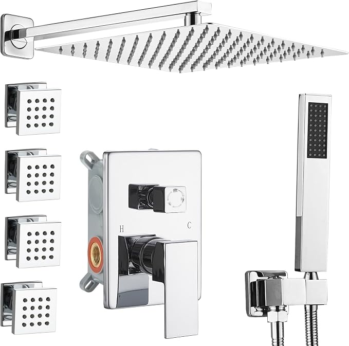 Shower Faucet Set with Body Jets 10 Inch Polished Chrome Shower Head Handheld by ANNAZOMBATHROOM