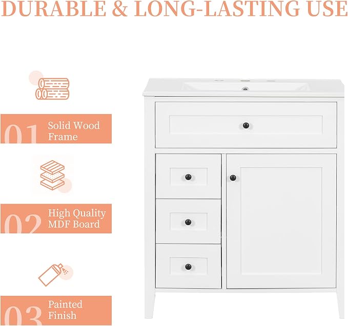 30" Bathroom Vanity with Sink Combo, Tip-Out Drawer, Solid Wood & MDF Modern - Image 7