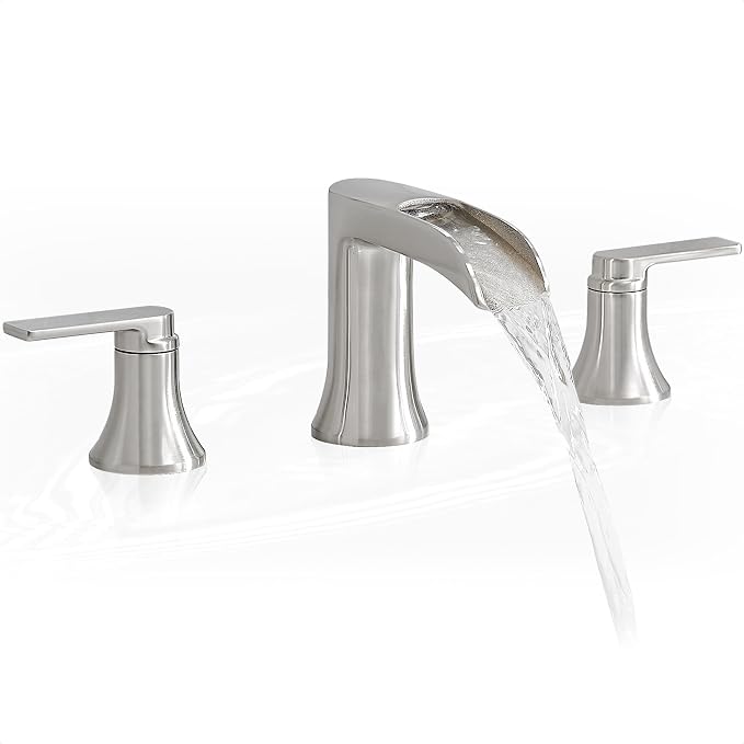 Brushed Nickel Tub Faucet Set 3 Hole, Brass Deck Mount Waterfall Bathtub Faucet by HOIGY