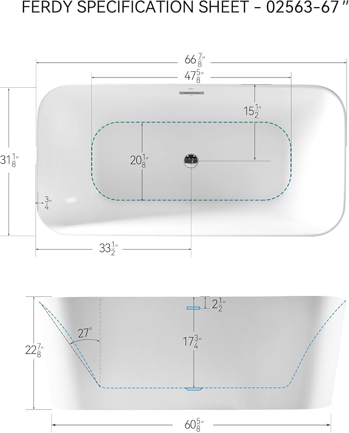 FerdY Maui 67" Freestanding Bathtub Elegant Freestanding Soaking Bathtub - Image 4