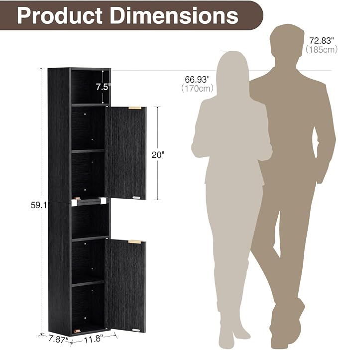 59.1" Tall Slim Bathroom Storage Cabinet Black | Freestanding or Wall Mounted - Image 2