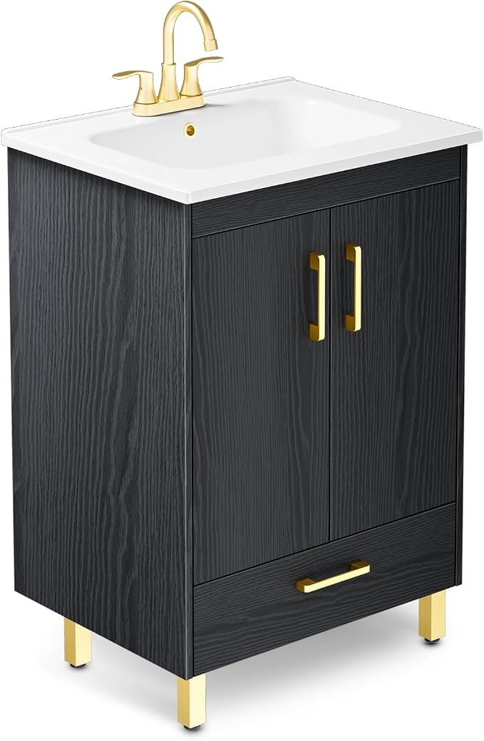 phiestina Fully Pre-Assembled Black 24 inch Bathroom Vanity, 2 Soft Close Doors by Phiestina