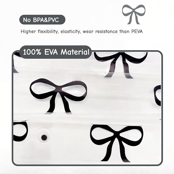 Clear Cute Black Bow Shower Curtain Liner, Plastic Transparent Girly Fancy - Image 3