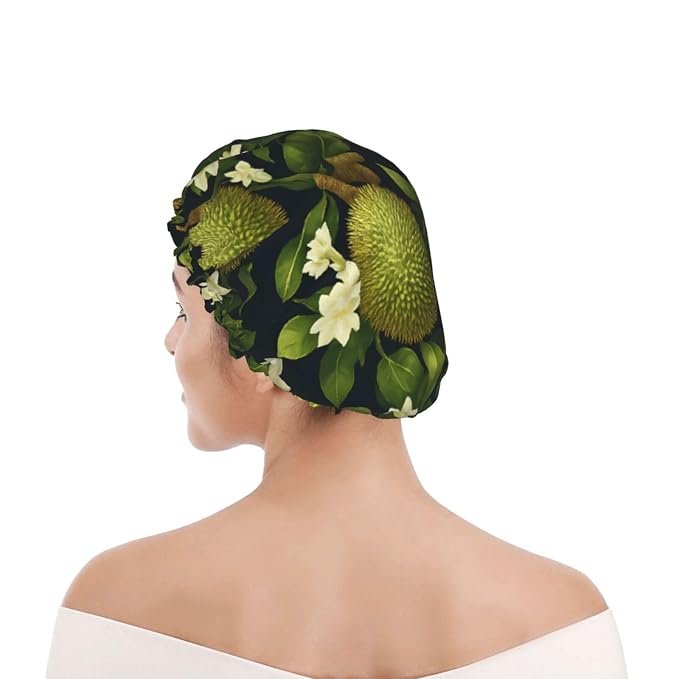 Durian and Floral Shower Cap for Women Reusable Waterproof Stylish Bath Hat - Image 8