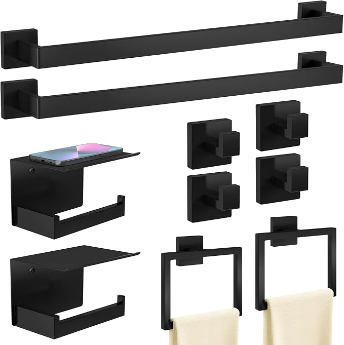 10-Piece Matte Black Bathroom Hardware Accessories Set, 24 inch Towel Bar by STWWO