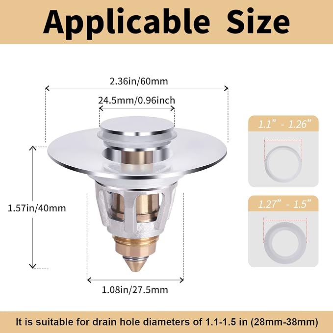 U.S. Standard Bathroom Sink Stopper 1.1"-1.5", Stainless Steel Universal Pop Up - Image 4