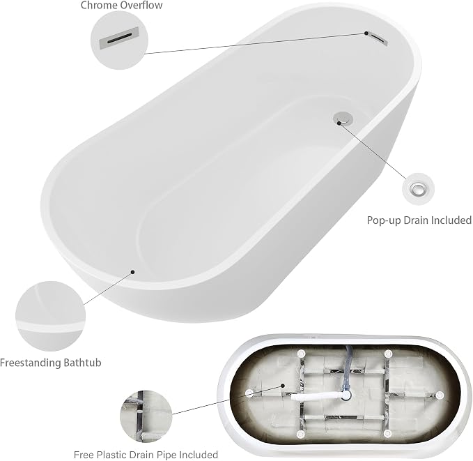 Logmey 67 Inch White Acrylic Freestanding Bathtub Oval Shape Soaking Tub - Image 6