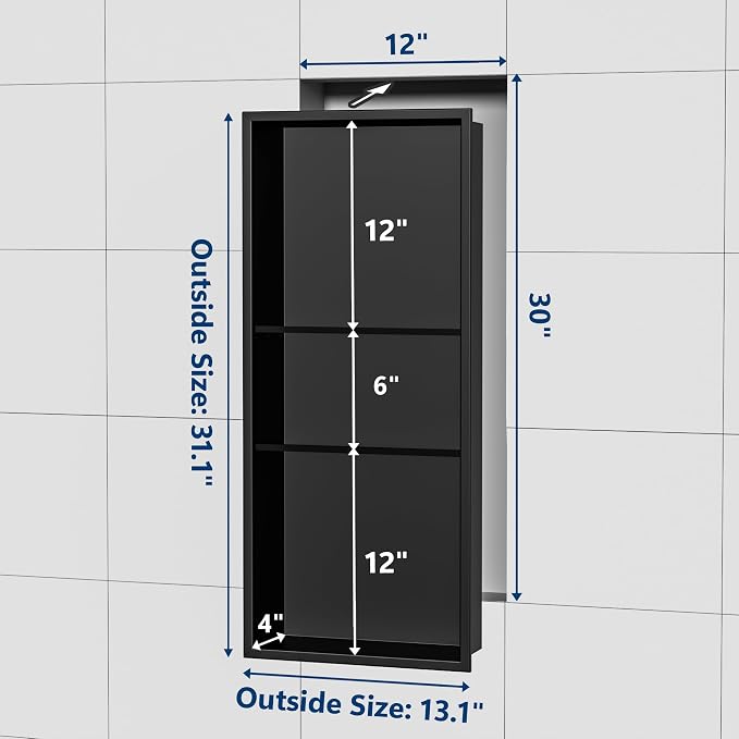 Neodrain 12X30 in Shower Niche, Matte Black 3 Layers Shower Shelf Stainless - Image 3