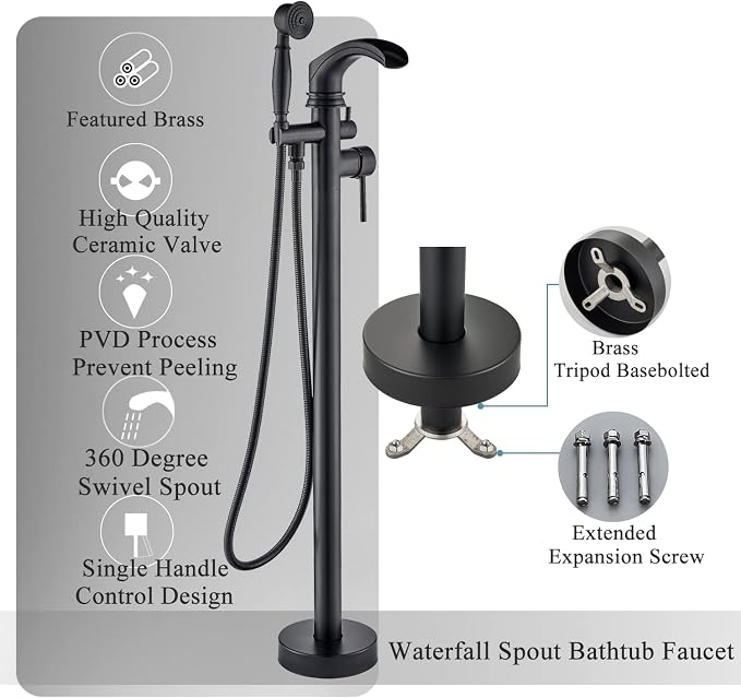 Senlesen Matte Black Bathroom Single Handle Freestanding Bathtub Faucet Floor - Image 3