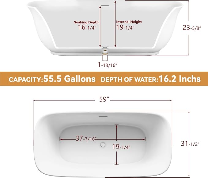59" Free Standing Tub, Pure Acrylic Freestanding Bathtub, Stylish Stand Alone - Image 7