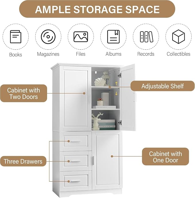 Tall Wide Storage Cabinet with 3 Doors, 3 Drawers, and Adjustable Shelves - Image 6