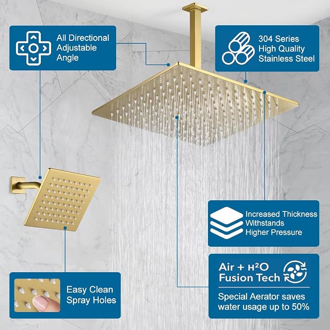POP SANITARYWARE Shower Faucet Set Brushed Gold Bathroom Rainfall Shower System - Image 3