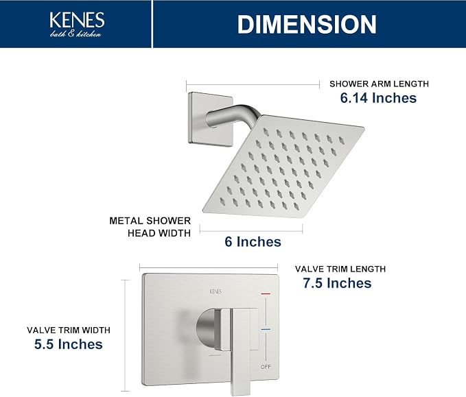 KENES Brushed Nickel 6-Inch Shower Head and Handle Set, Square Shower Faucet - Image 6