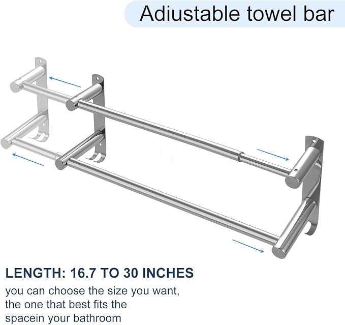 Double Towel Bar, Stainless Steel Adjustable 16 to 28In Double Towel Racks - Image 2