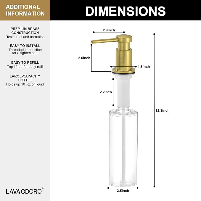 Lava Odoro Gold Soap Dispenser for Kitchen Sink, Modern Brass Built in - Image 6