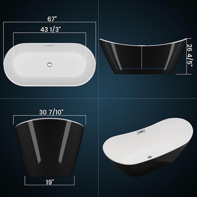 67" Freestanding Acrylic Bathtub, Modern Soaking Tub - Image 2