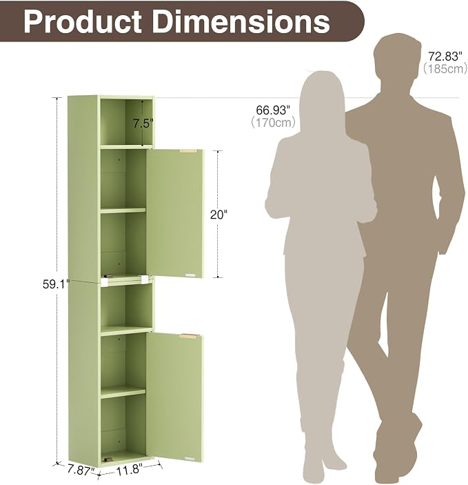 59.1" Tall Slim Bathroom Storage Cabinet Green | Freestanding or Wall Mounted - Image 2