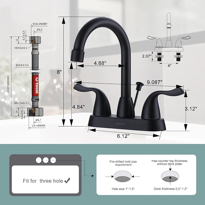 ARCORA Matte Black Bathroom Faucet, 4 Inch Centerset Bathroom Sink Faucet - Image 6