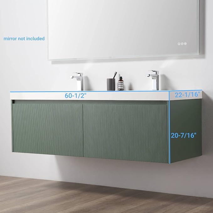 Blossom 60 Inch Double Sink Bathroom Vanity, All Wood Wall Mounted Floating - Image 3