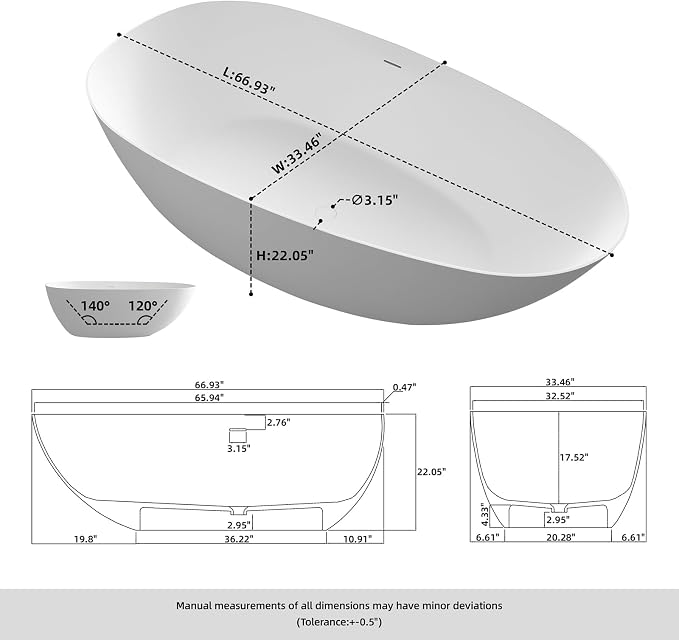 67" Stone Resin Freestanding Bathtub, Oval Solid Surface Bathroom Freestanding - Image 2