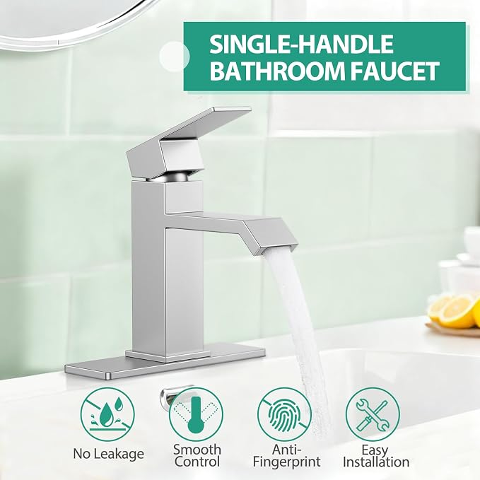 Single Handle Bathroom Faucets, HURRAN Brushed Nickel Bathroom Sink Faucet - Image 4