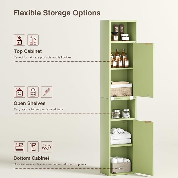 59.1" Tall Slim Bathroom Storage Cabinet Green | Freestanding or Wall Mounted - Image 5