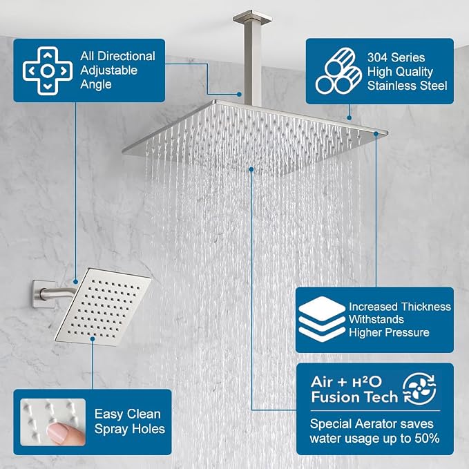 POP SANITARYWARE Shower Faucet Set Brushed Nickel Bathroom Rainfall Shower - Image 3