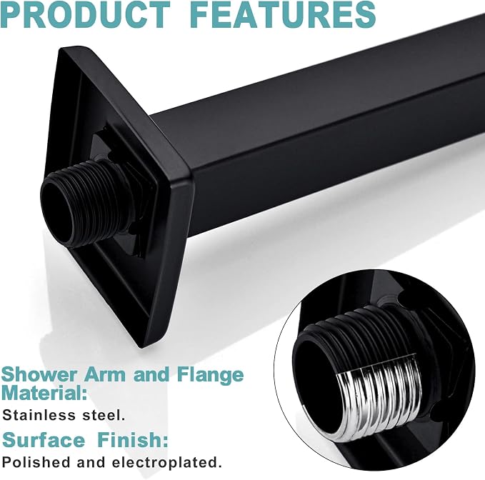 BESTILL 6 Inch Matte Black Ceiling Mount Shower Arm and Flange, Square Rain - Image 5