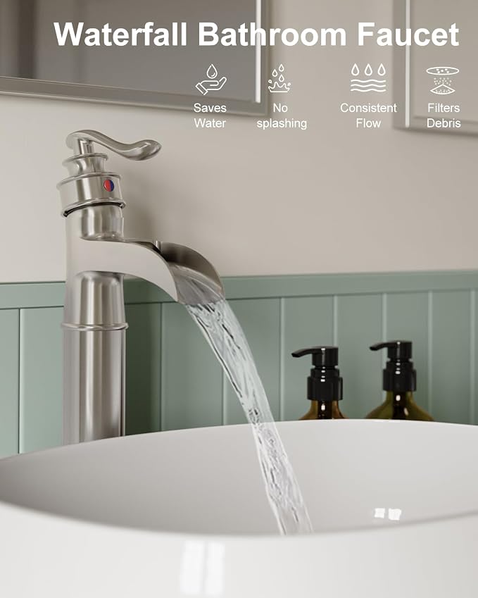 BWE Waterfall Vessel Sink Faucet Brushed Nickel Bathroom Faucet Single Handle - Image 4
