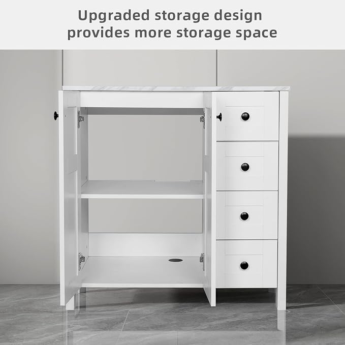 32" White Bathroom Vanity with Marble Texture Top and 4 Drawers, Modern - Image 6