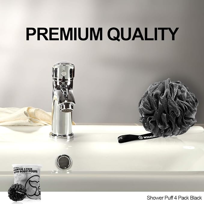 Shower Puff 4 Pack Black Bath Sponge Shower Loofahs Pouf Ball Nature Bamboo - Image 6