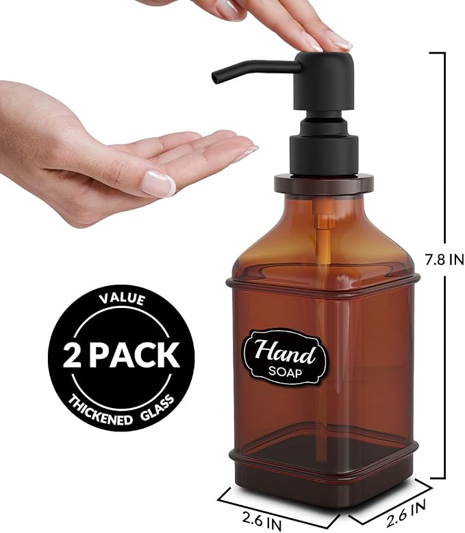 Soap Dispenser - 2 Pack, Antique Design Thick Amber Glass Hand Soap Dispensers - Image 3