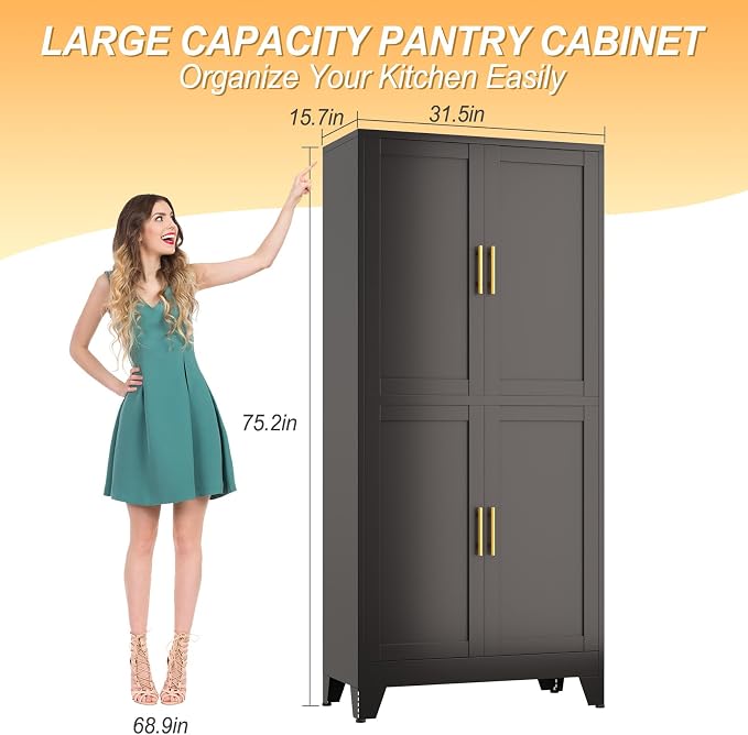 75" Tall Metal Kitchen Pantry Storage Cabinet, Freestanding Cupboard - Image 3