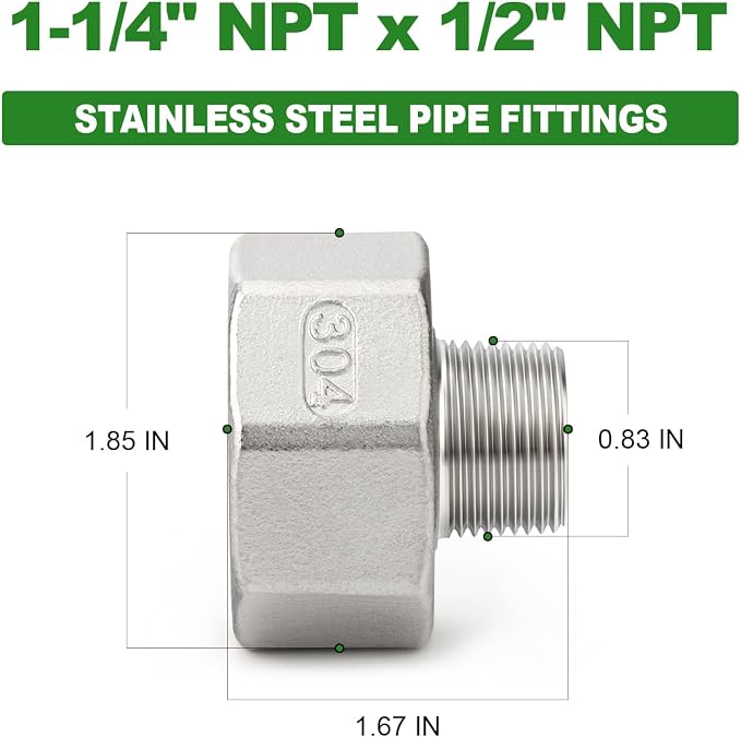 TAISHER 2PCS 304 Stainless Steel Pipe Fitting, 1/2" NPT Male x 1-1/4" NPT Female - Image 2