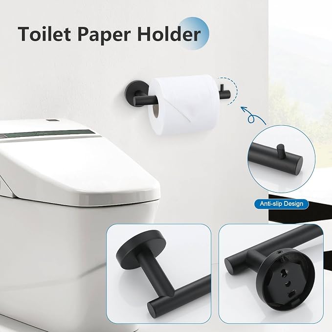 TNOMS 5 Pieces Towel Bar Set Matte Black Bathroom Hardware Accessories Set - Image 4