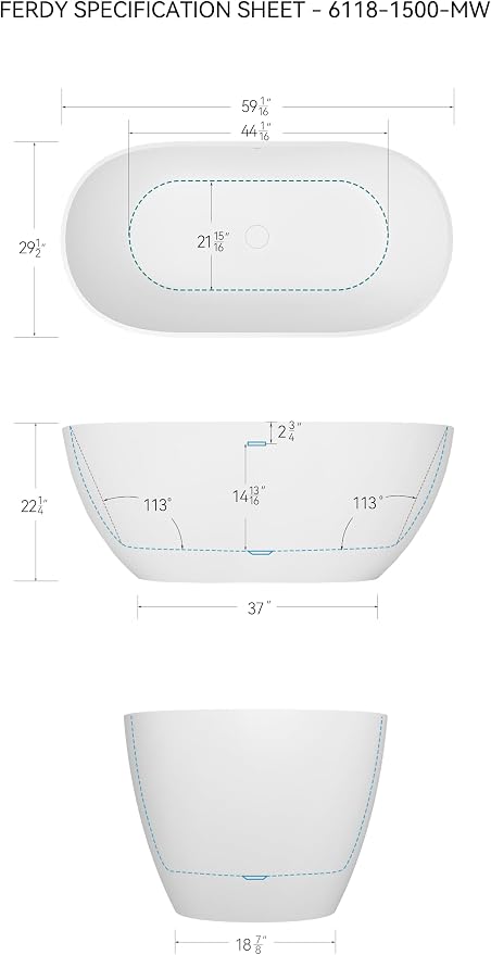 FerdY Fiji 59" Stone Resin Freestanding Bathtub, Elegant Oval Freestanding - Image 7