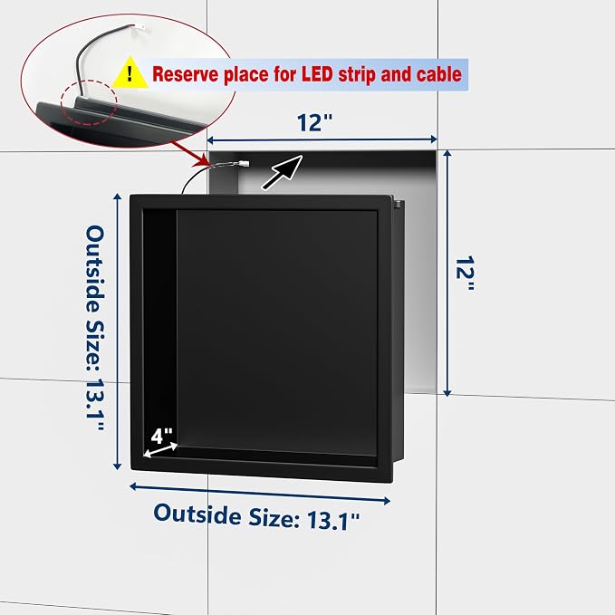 RGB LED Light Shower Niche, Matte Black 12X12 in Stainless Steel Recessed - Image 3