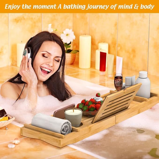 Bamboo Bathtub Tray for Luxury Bathroom, Expandable Premium Bath Tray w/Soap - Image 4