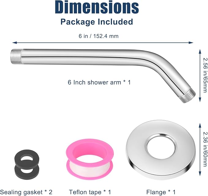 Shower Arm with Flange, 6 Inch Chrome Angle Extension Pipe, Adjustable Wall - Image 6