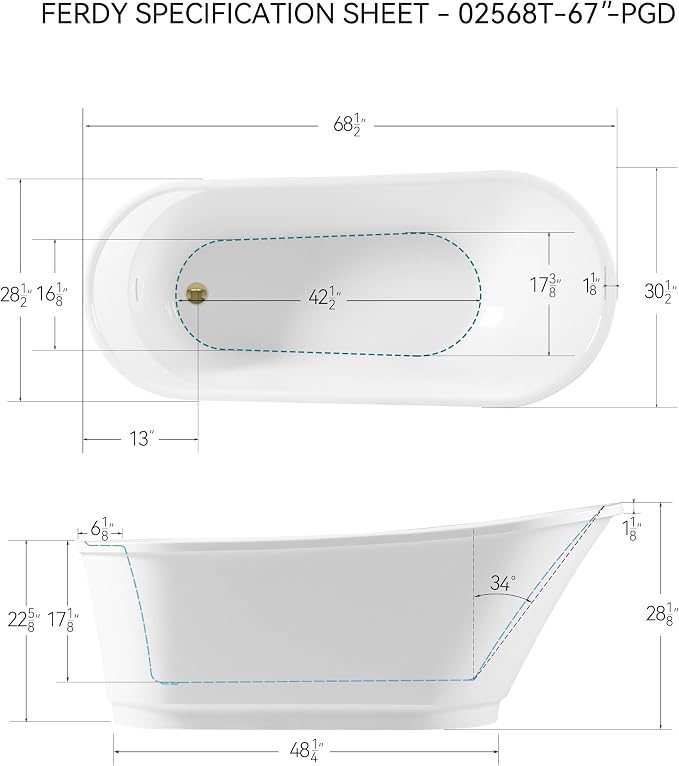 FerdY Langkawi 67" Acrylic Freestanding Bathtub, cUPC Certified, Polished Gold - Image 6