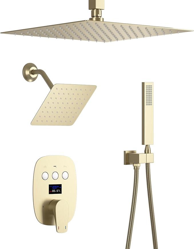 Temperature Display Brushed Gold Shower System Set, Push Button Shower Faucet by KATAIS