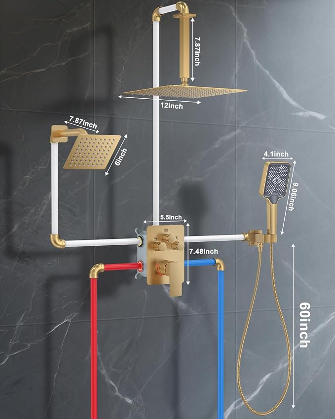 Shower System with Pressure Balance Valve, Brushed Gold - Image 6