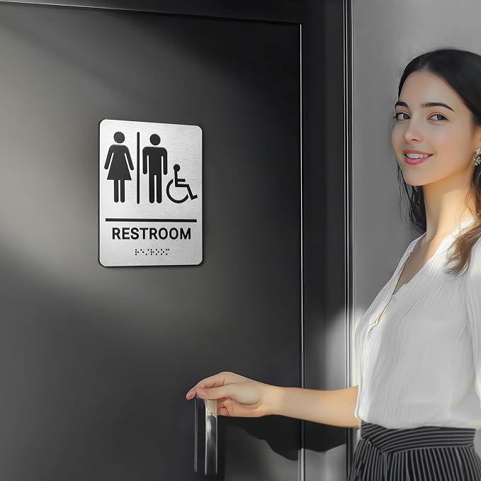 Restroom Sign, Brushed Aluminum ADA Raised Braille Restroom Signage - Image 5