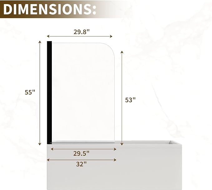 32" W x 55" H Frameless Bathtub Shower Door, 1/4" Tempered Glass Panel - Image 2