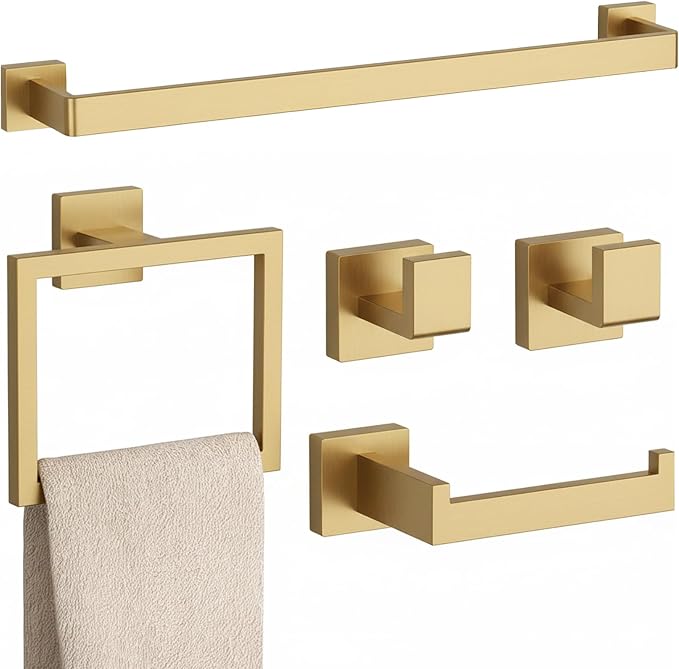 5-Piece Brushed Gold Bathroom Accessories Set – 23.6" Towel Bar, Towel Ring by PNWNNHInc
