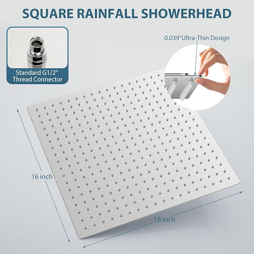 16inch Rainfall Shower Head, Ultra Thin 304 Stainless Steel High Flow Square - Image 2