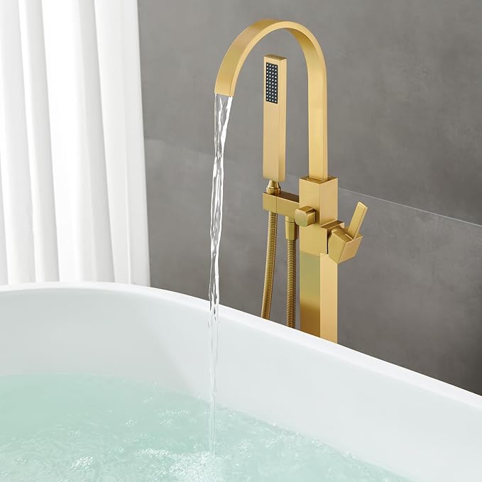 Freestanding Bathtub Faucet Floor Mount Tub Filler Brushed Gold Brass Bathroom - Image 8