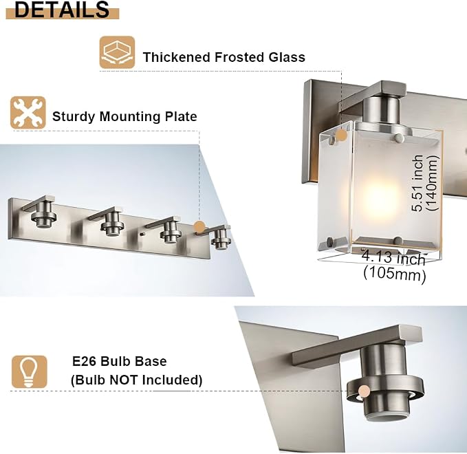 2-Lights Wall Sconce Lighting, Brushed Nickel Bathroom Vanity Light Fixture - Image 7