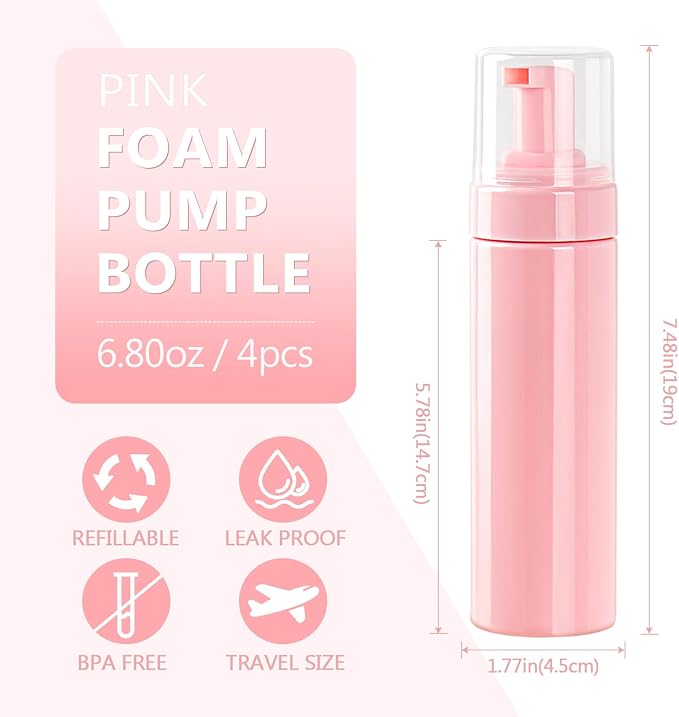 Foam Pump Bottle 6.8oz/200ml Pink Empty Foam Bottle Pump, Travel Foam Bottle - Image 2